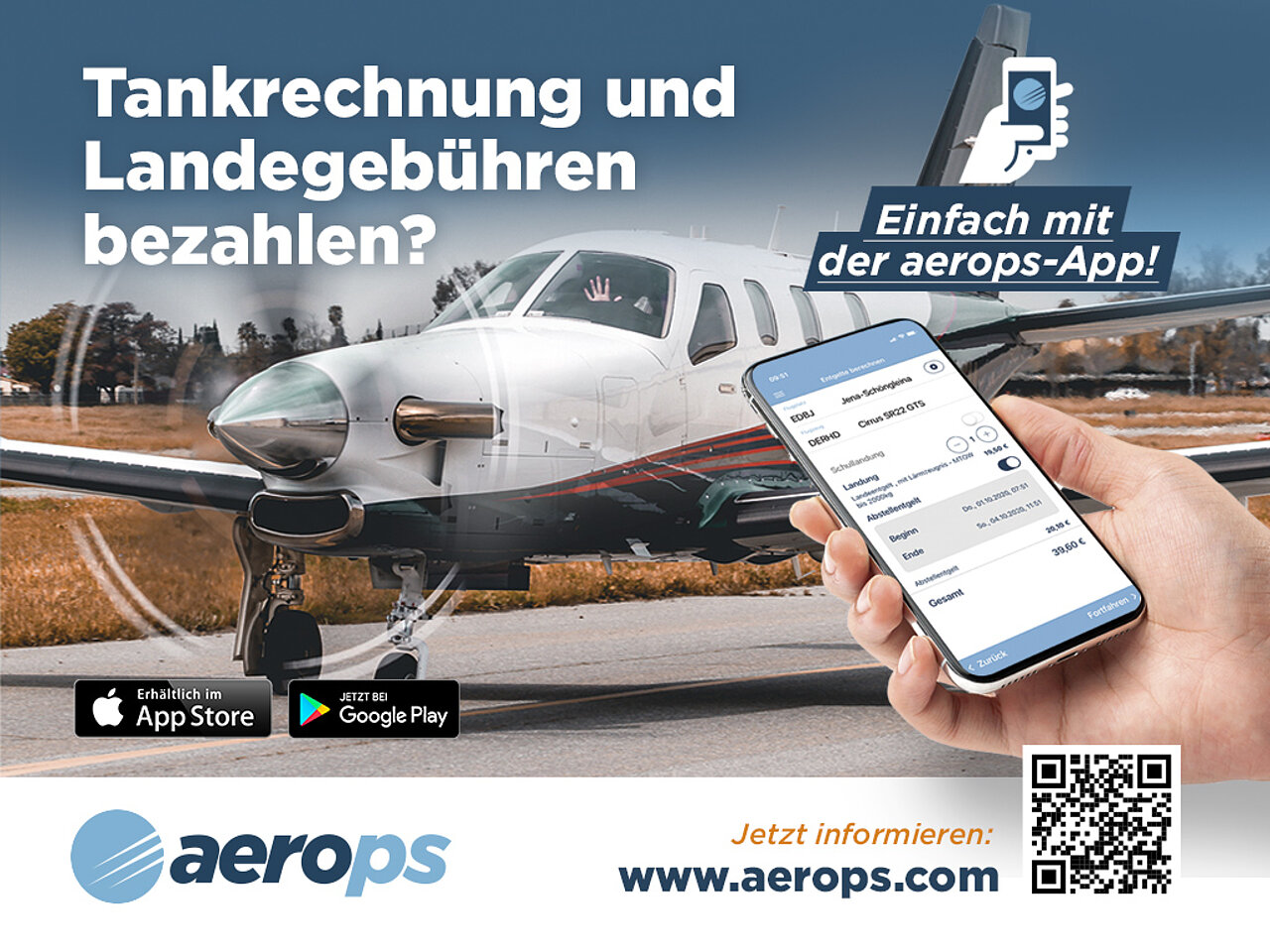 Das Bild zeigt eine Anzeige für die aerops-App zum Download für die Bezahlung von Tankrechnung und Landegebühren